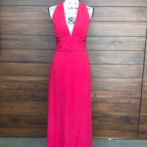 Halter V Neck Cross Back Hot Pink Floor Length